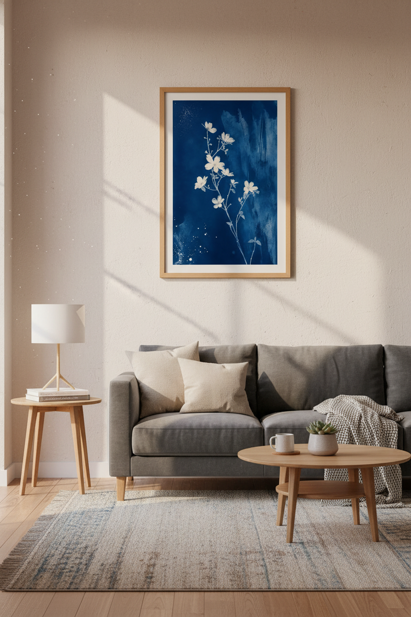 Cyanotype Flower Wall Art Print | Indigo Navy Botanical Decor | Moody Blue Poster