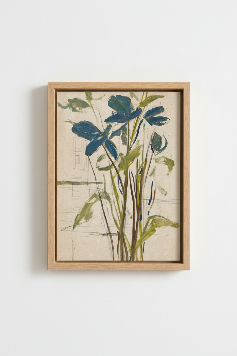 Blue Botanical Print | Abstract Floral Artwork, Living Room Decor