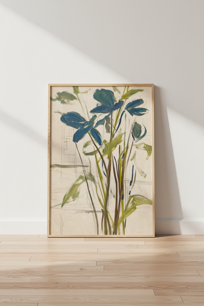 Blue Botanical Print | Abstract Floral Artwork, Living Room Decor