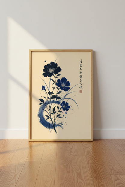 Japanese Blue Floral Wall Art Print | Navy Zen Ink Poster, Asian Botanical Decor
