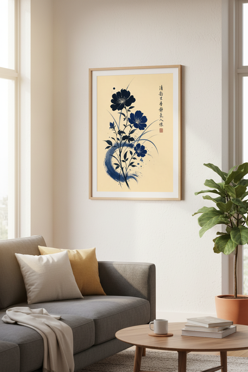 Japanese Blue Floral Wall Art Print | Navy Zen Ink Poster, Asian Botanical Decor