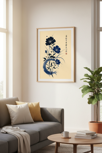 Japanese Blue Floral Wall Art Print | Navy Zen Ink Poster, Asian Botanical Decor