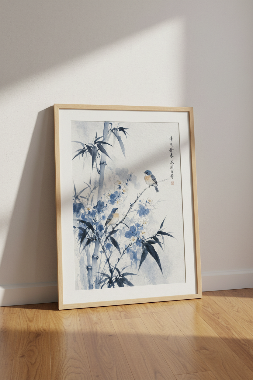 Blue Bamboo and Birds Art Print | Japanese Style Watercolor | Zen Nature Decor