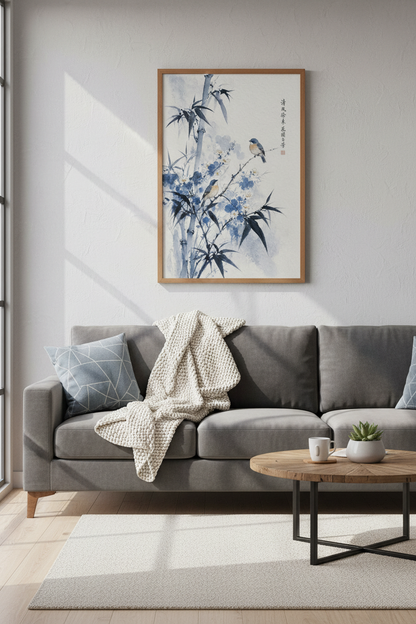 Blue Bamboo and Birds Art Print | Japanese Style Watercolor | Zen Nature Decor