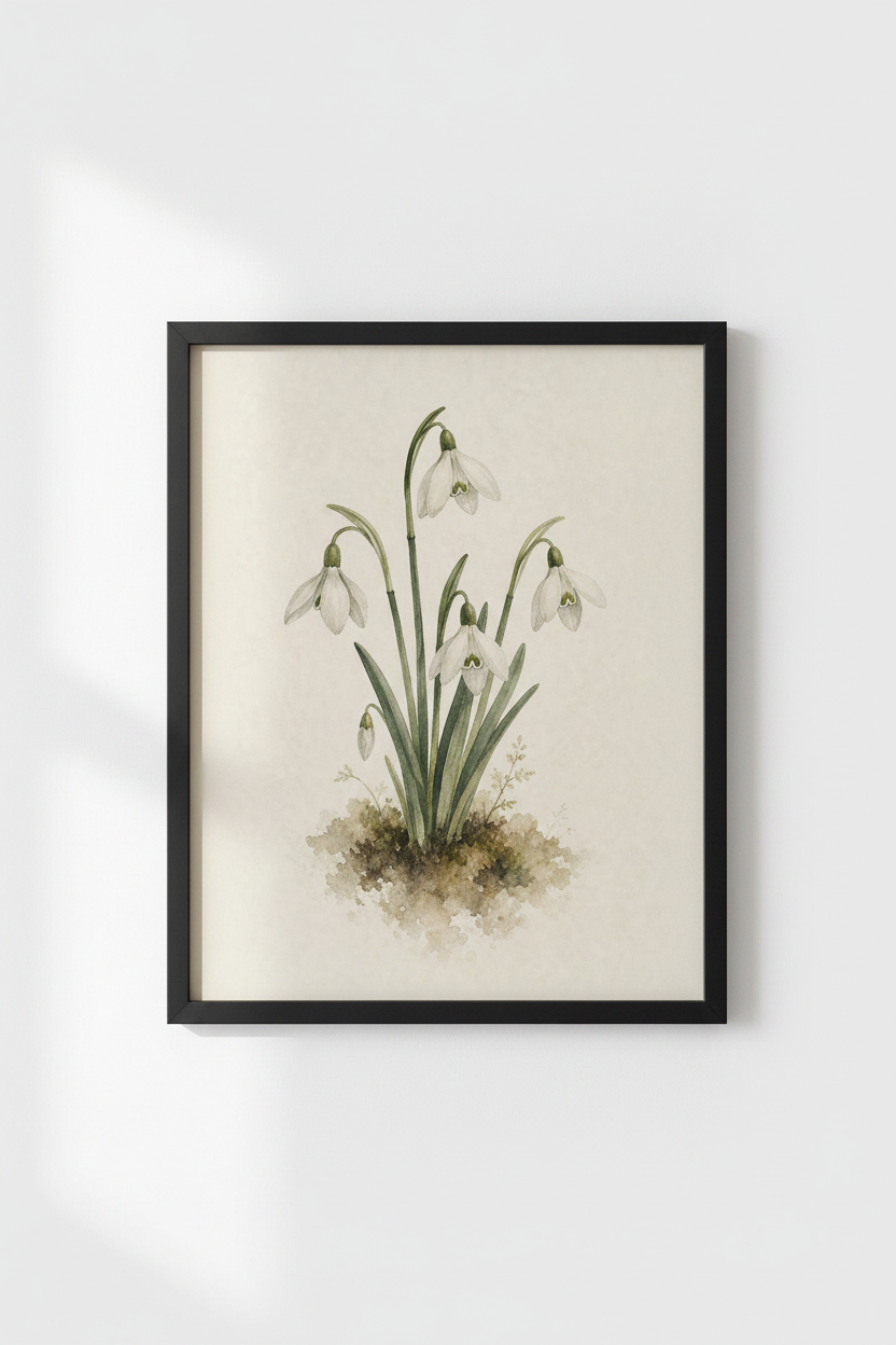Snowdrop Flower Watercolor Print | Vintage Botanical Decor, Neutral Floral Poster