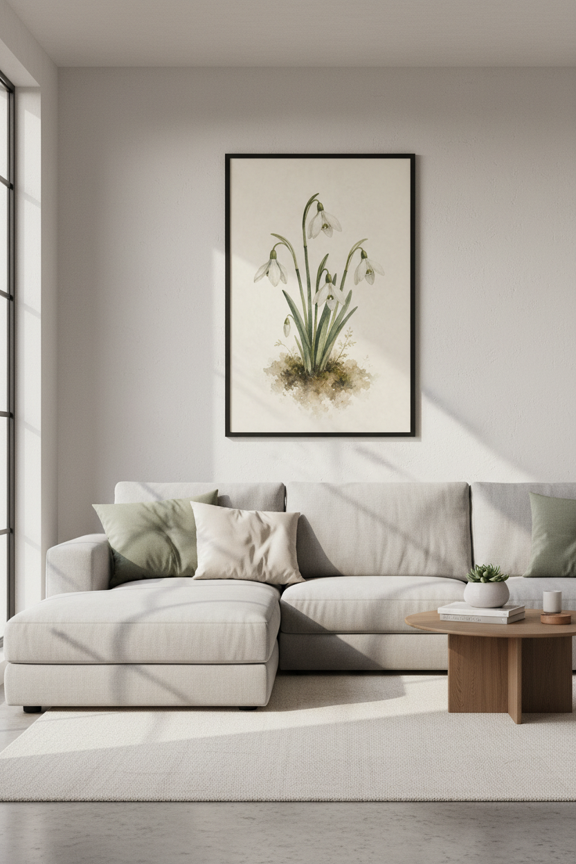 Snowdrop Flower Watercolor Print | Vintage Botanical Decor, Neutral Floral Poster