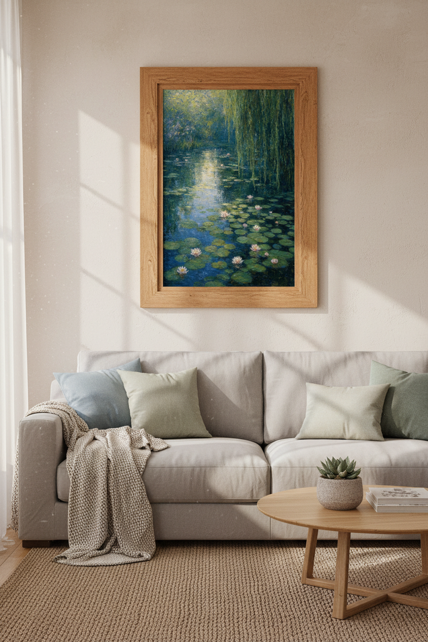 Water Lilies &amp; Willow Wall Art | Impressionist Pond Decor, Teal Green Nature Poster