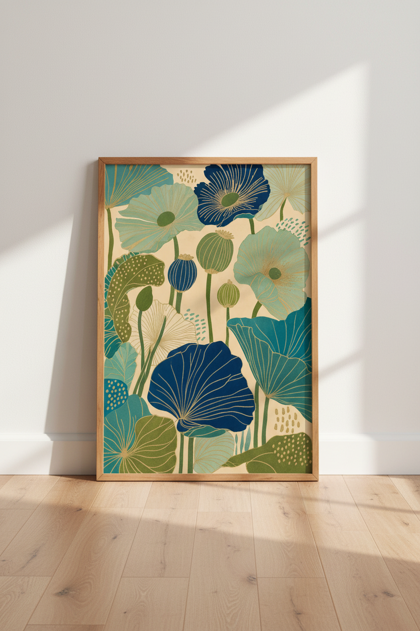 Japanese Poppies Floral Wall Art | Teal &amp; Navy Botanical Print, Bedroom Decor