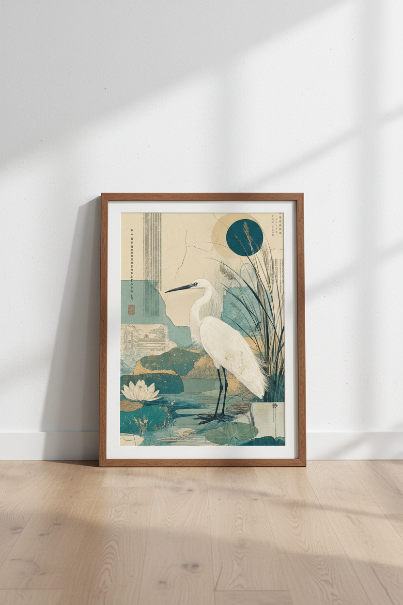 Japanese Heron Wall Art | Abstract Teal Egret Print, Zen Living Room Decor