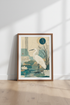 Japanese Heron Wall Art | Abstract Teal Egret Print, Zen Living Room Decor