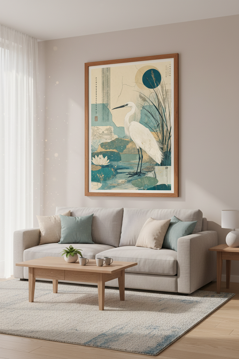 Japanese Heron Wall Art | Abstract Teal Egret Print, Zen Living Room Decor