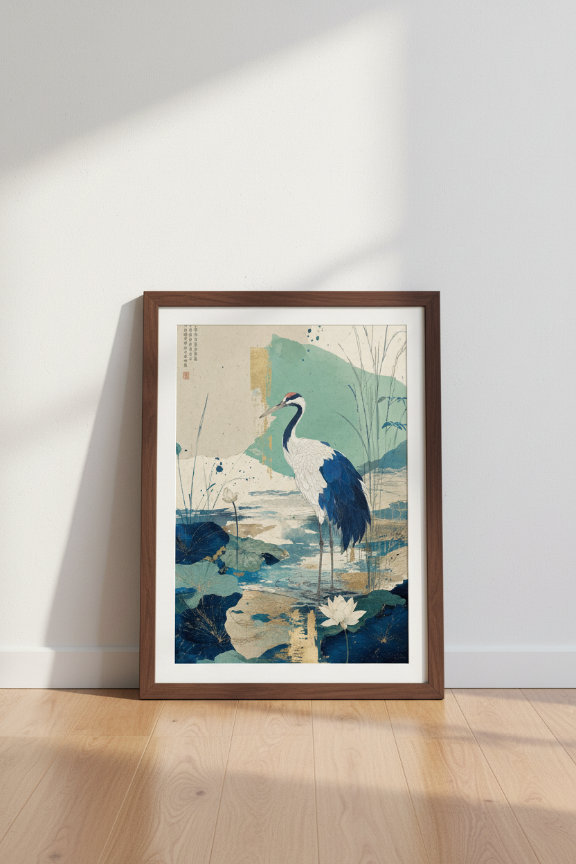 Japanese Crane Wall Art | Indigo Blue &amp; Gold Zen Decor | Japandi Poster