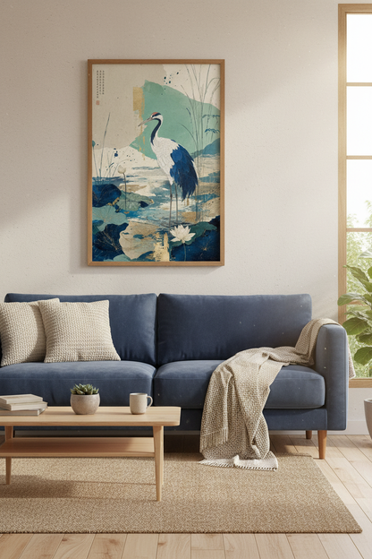 Japanese Crane Wall Art | Indigo Blue &amp; Gold Zen Decor | Japandi Poster