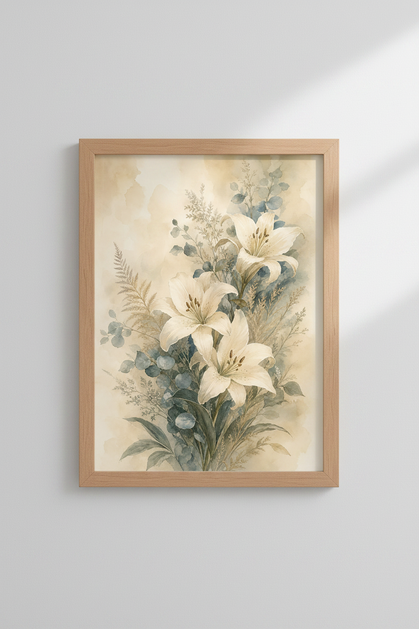 Lilies Wall Art Print | Watercolor Floral, Neutral Decor | Living Room Poster