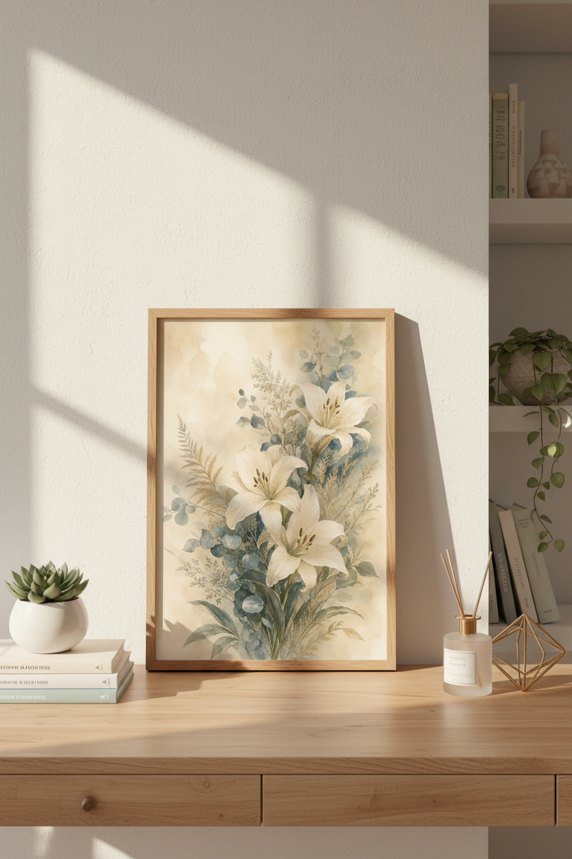 Lilies Wall Art Print | Watercolor Floral, Neutral Decor | Living Room Poster