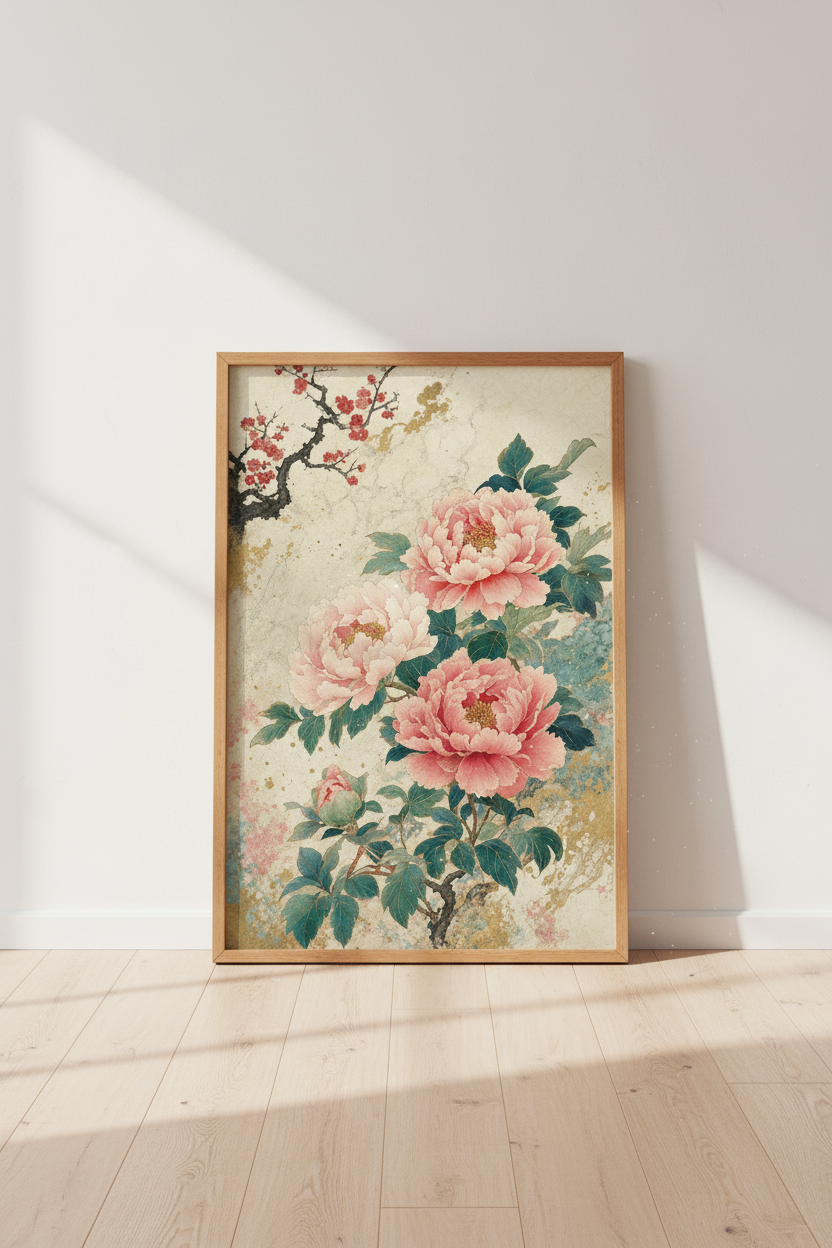 Japanese Peony Wall Art | Pink Floral Botanical Print | Zen Japandi Decor