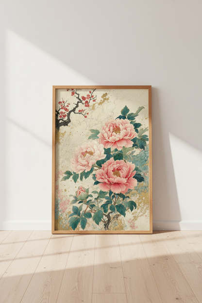 Japanese Peony Wall Art | Pink Floral Botanical Print | Zen Japandi Decor