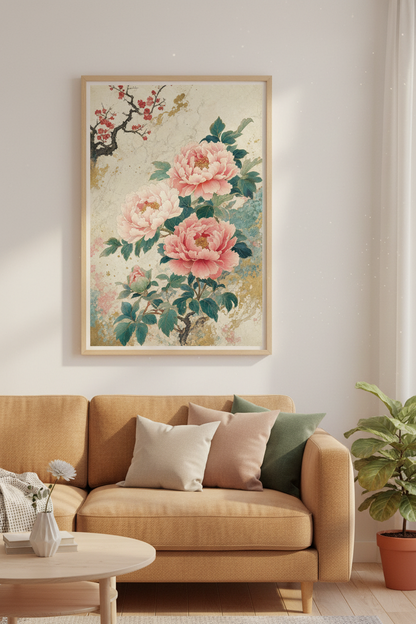 Japanese Peony Wall Art | Pink Floral Botanical Print | Zen Japandi Decor