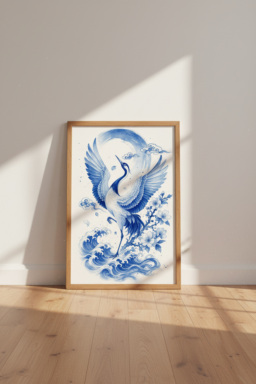 Japanese Crane Wall Art Print | Blue Chinoiserie Decor | Zen Asian Poster