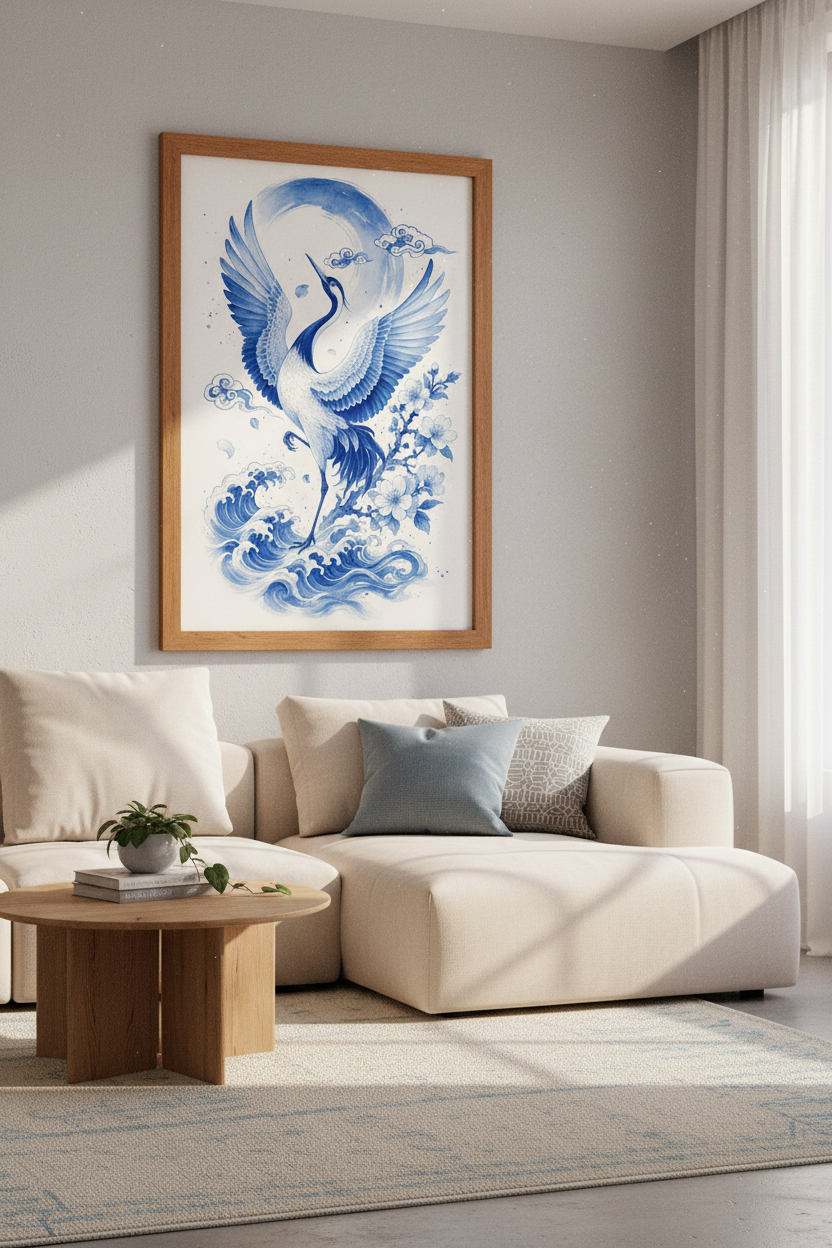 Japanese Crane Wall Art Print | Blue Chinoiserie Decor | Zen Asian Poster