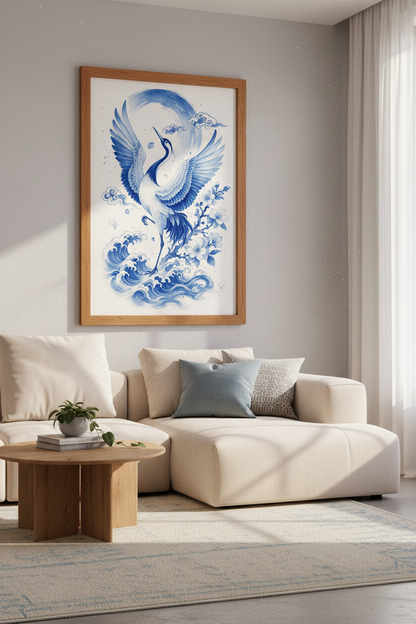 Japanese Crane Wall Art Print | Blue Chinoiserie Decor | Zen Asian Poster