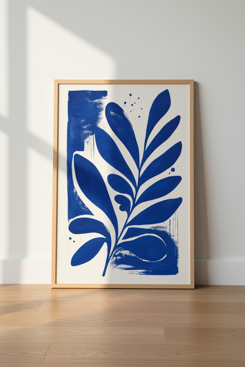 Blue Botanical Leaf Wall Art Print | Modern Indigo Poster | Mediterranean Decor