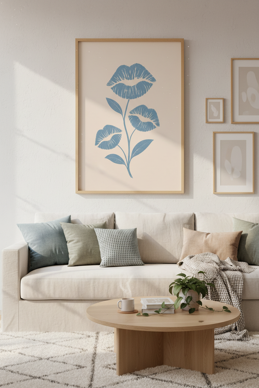 Preppy Lips Wall Art Print | Blue Floral Botanical Decor | Trendy Aesthetic Poster