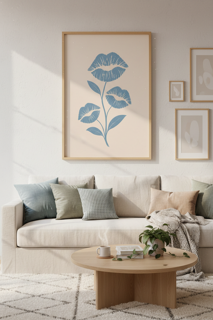 Preppy Lips Wall Art Print | Blue Floral Botanical Decor | Trendy Aesthetic Poster