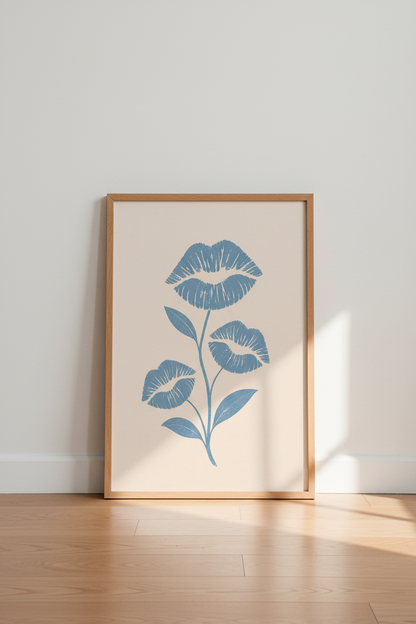 Preppy Lips Wall Art Print | Blue Floral Botanical Decor | Trendy Aesthetic Poster