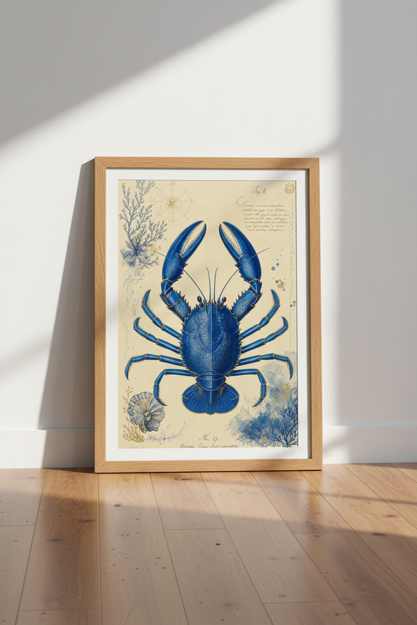 Blue Crab Vintage Art Print | Coastal Bathroom Decor | Nautical Marine Poster