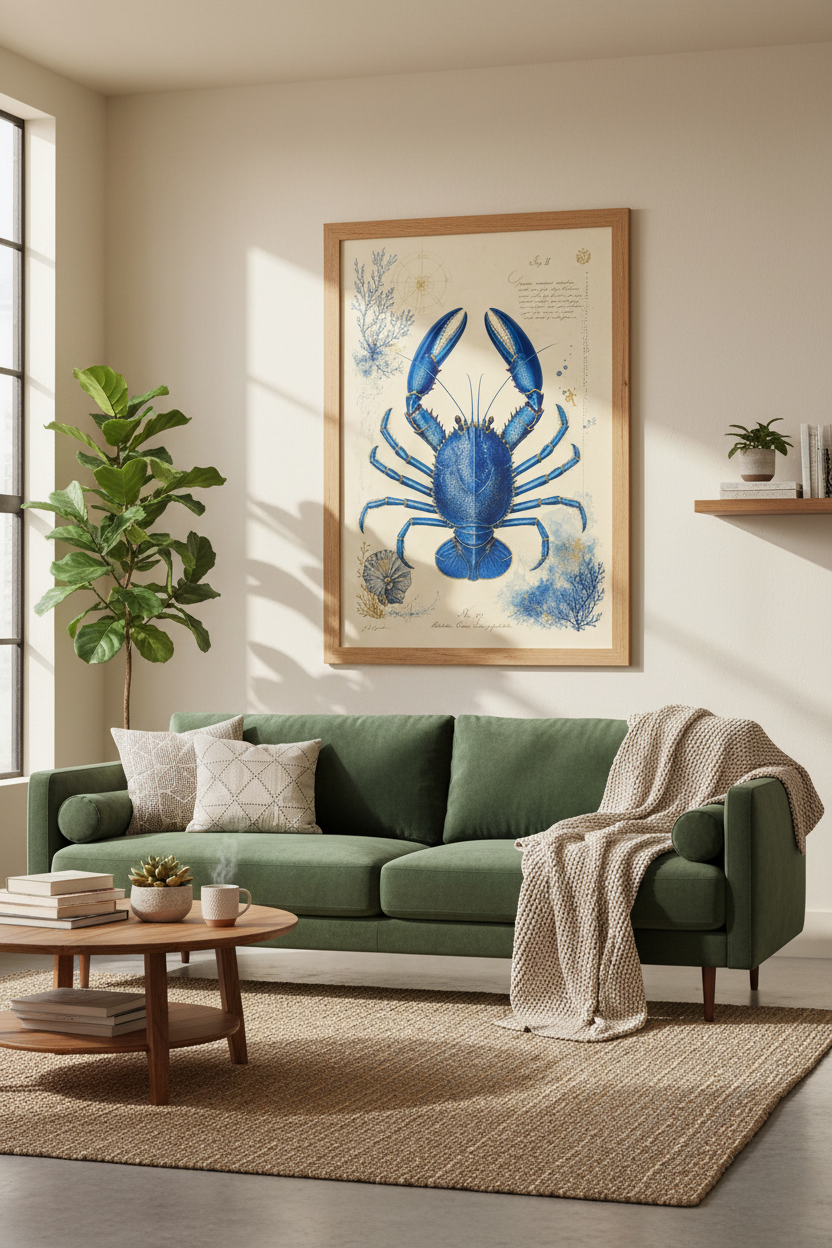 Blue Crab Vintage Art Print | Coastal Bathroom Decor | Nautical Marine Poster