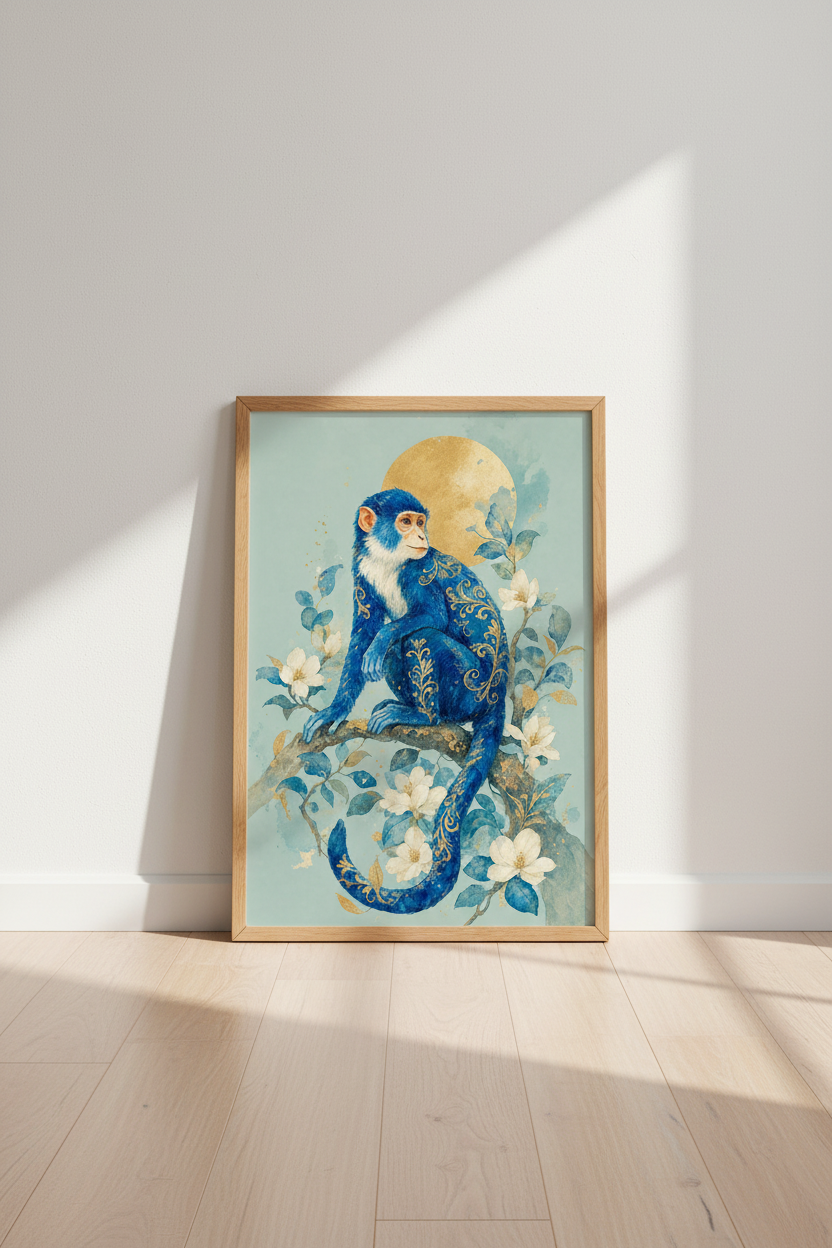 Blue Monkey Wall Art | Gold Chinoiserie Poster, Living Room Blossom Decor
