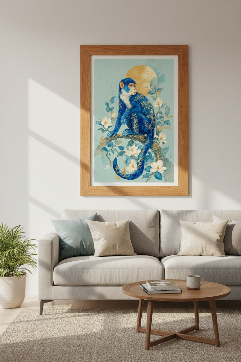 Blue Monkey Wall Art | Gold Chinoiserie Poster, Living Room Blossom Decor