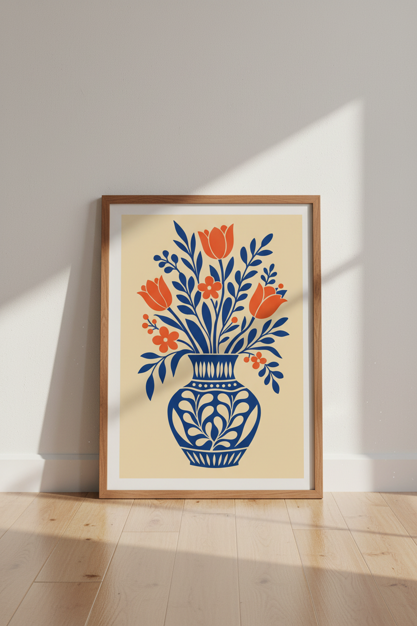 Modern Folk Floral Wall Art | Blue and Orange Tulip Vase | Living Room Decor Poster