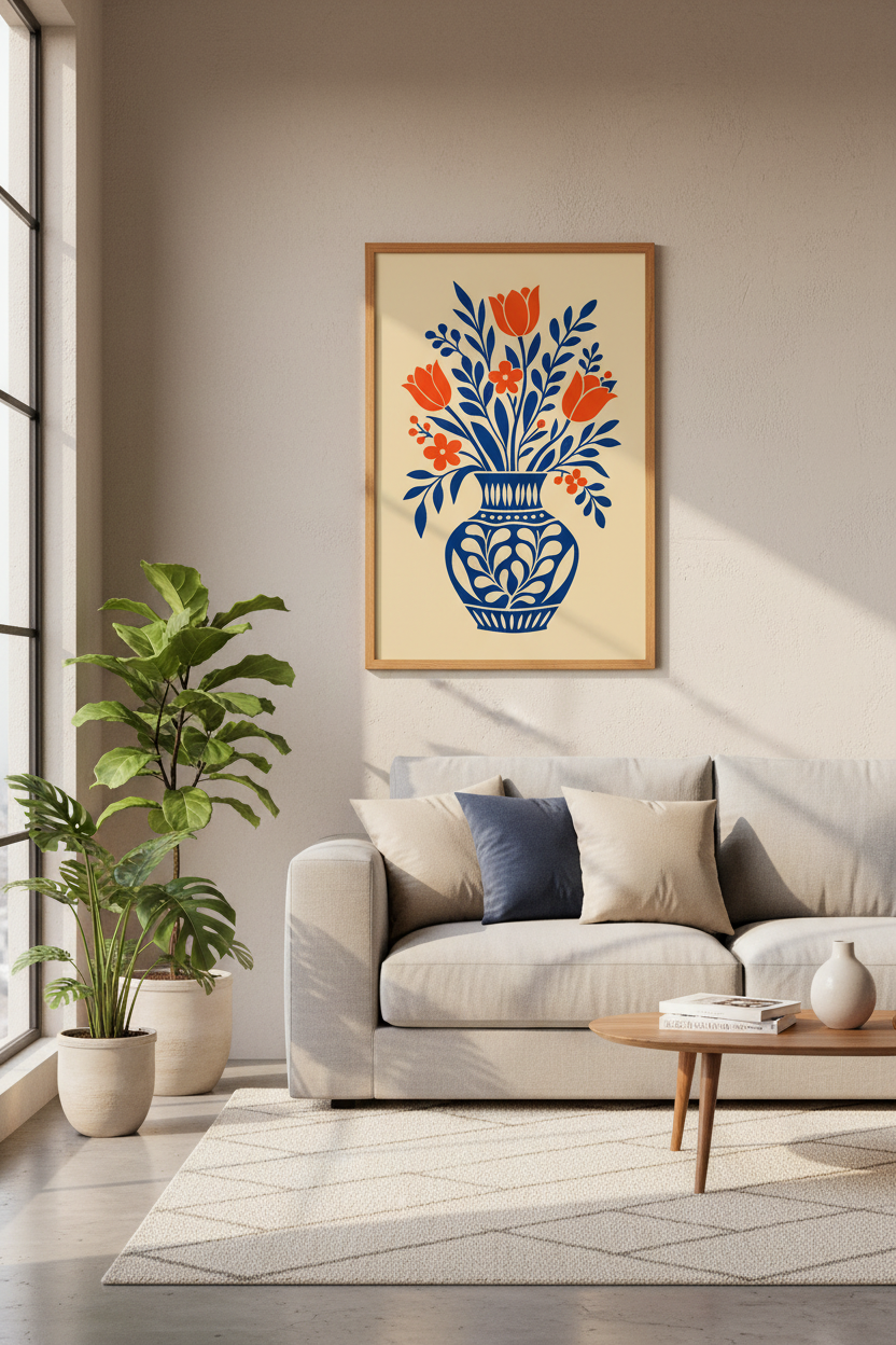 Modern Folk Floral Wall Art | Blue and Orange Tulip Vase | Living Room Decor Poster