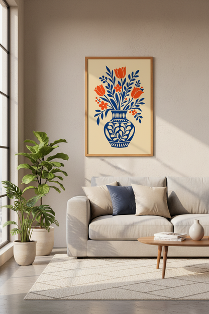 Modern Folk Floral Wall Art | Blue and Orange Tulip Vase | Living Room Decor Poster