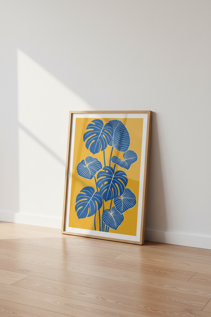 Blue Monstera Leaves Art | Yellow Botanical Poster | Modern Living Room Decor