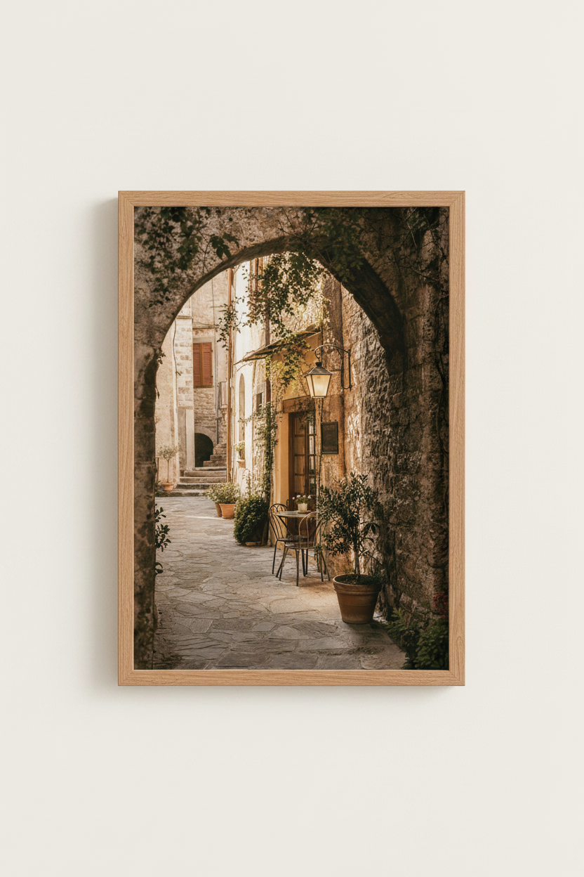 Mediterranean alley | Warm earthy tones, sunlit ambience, Living room decor