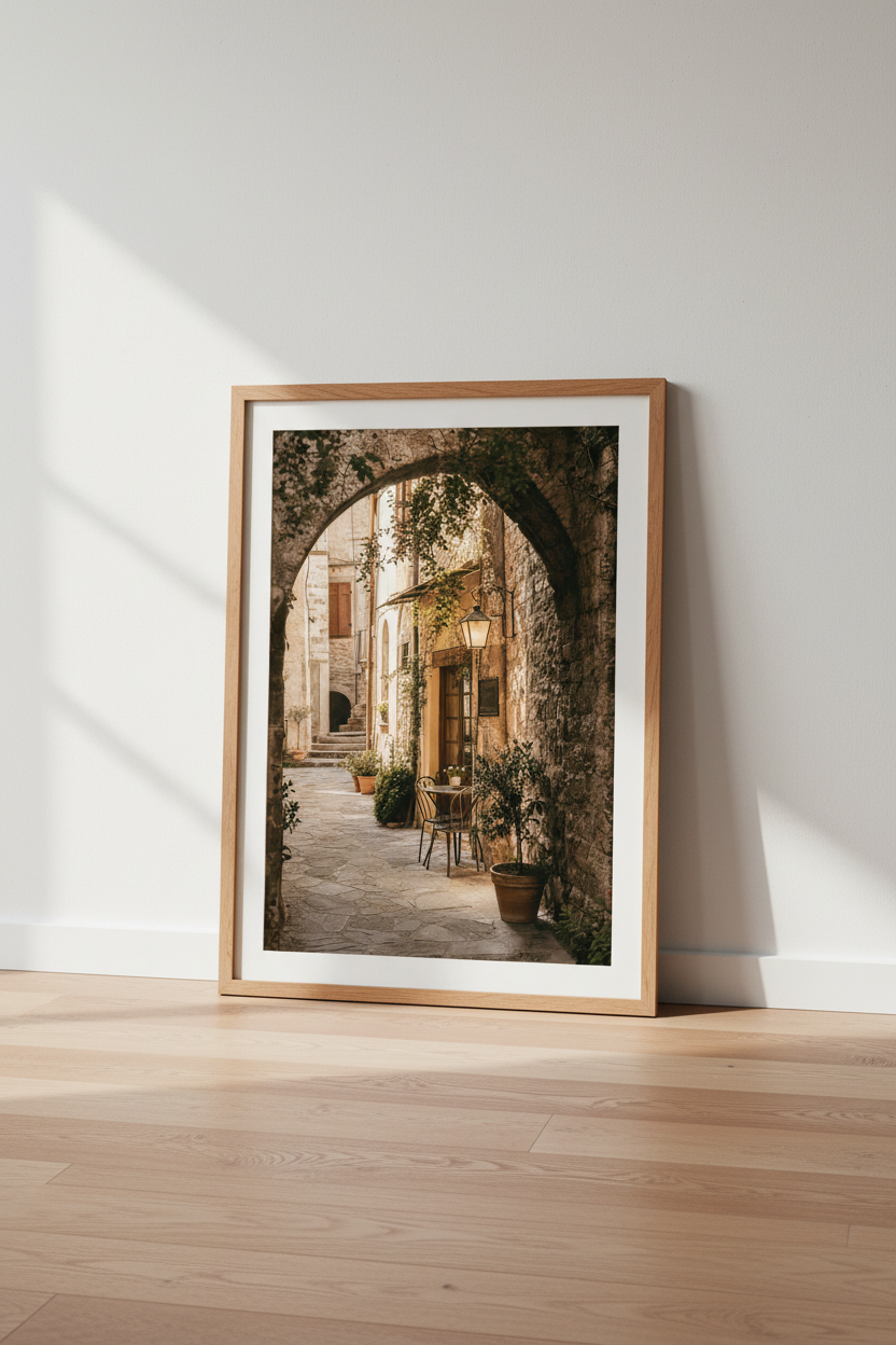 Mediterranean alley | Warm earthy tones, sunlit ambience, Living room decor