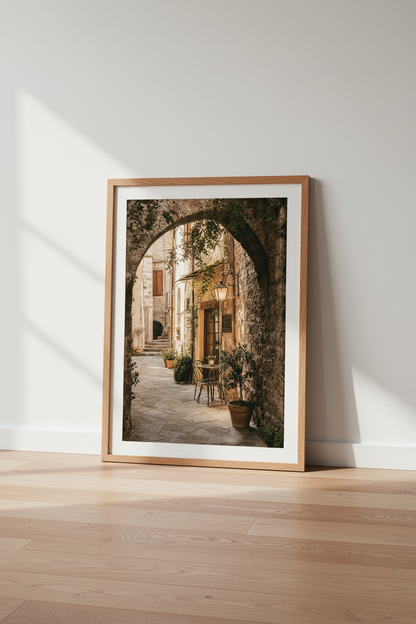 Mediterranean alley | Warm earthy tones, sunlit ambience, Living room decor