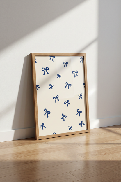 Blue Bow Pattern Wall Art | Coquette Navy Ribbon Decor | Minimalist Preppy Poster