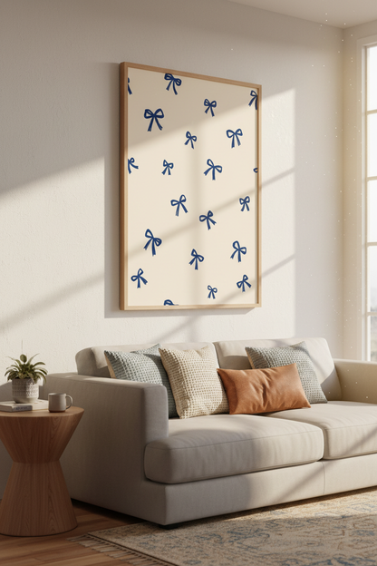 Blue Bow Pattern Wall Art | Coquette Navy Ribbon Decor | Minimalist Preppy Poster