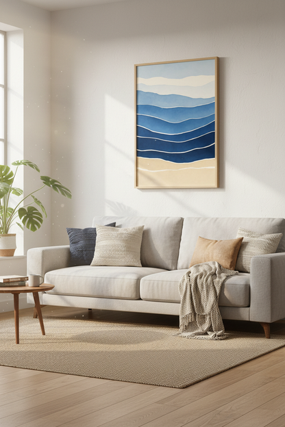Abstract Ocean Waves Wall Art Print | Navy Blue Coastal Decor | Minimalist Poster