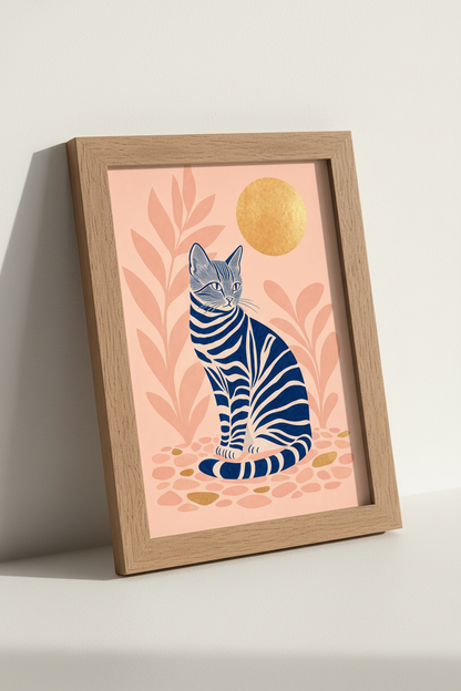 Minimalist Blue Cat Wall Art | Peach Boho Decor, Mid-Century Modern Poster