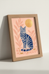 Minimalist Blue Cat Wall Art | Peach Boho Decor, Mid-Century Modern Poster