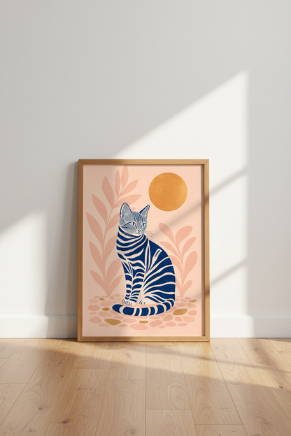 Minimalist Blue Cat Wall Art | Peach Boho Decor, Mid-Century Modern Poster