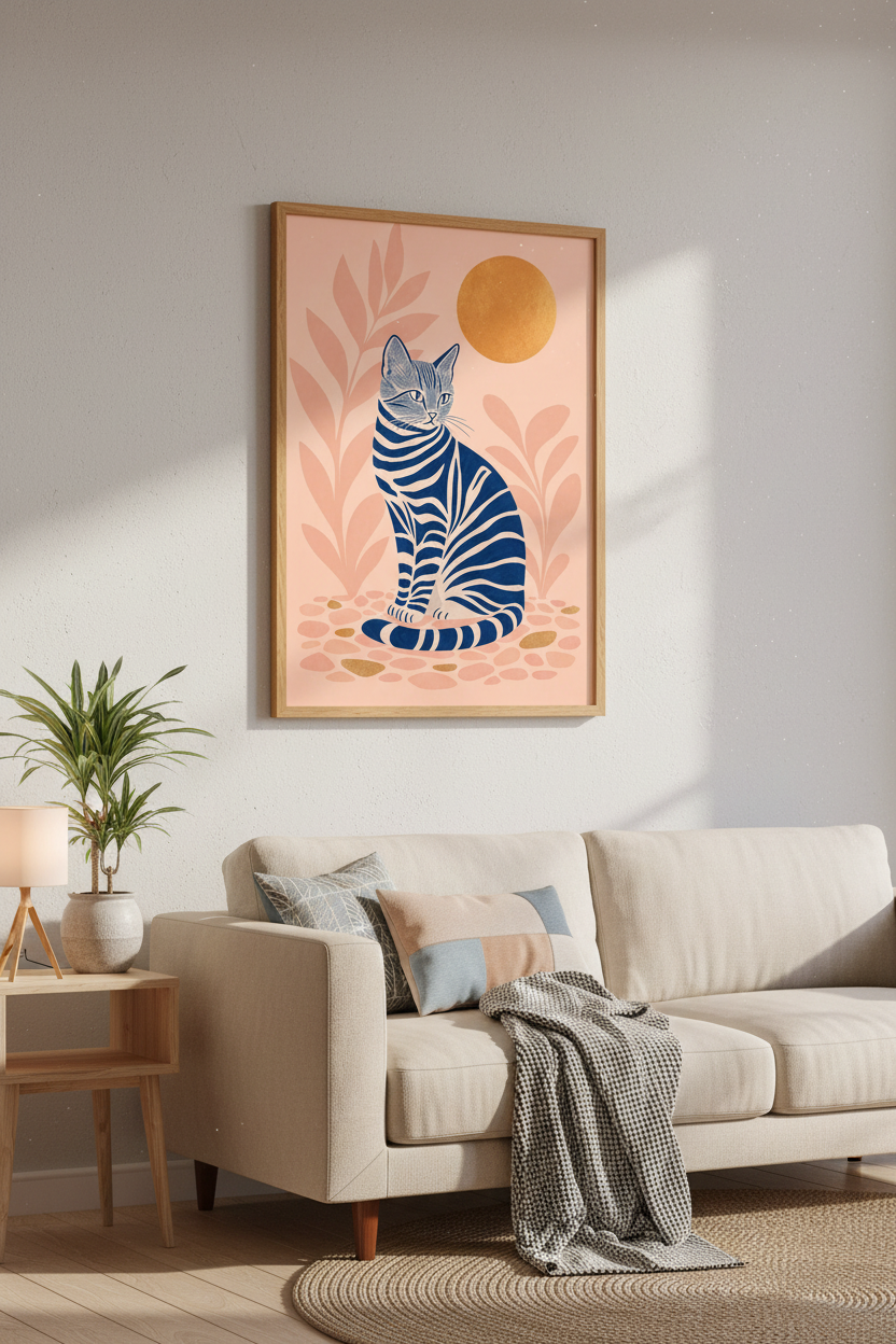 Minimalist Blue Cat Wall Art | Peach Boho Decor, Mid-Century Modern Poster