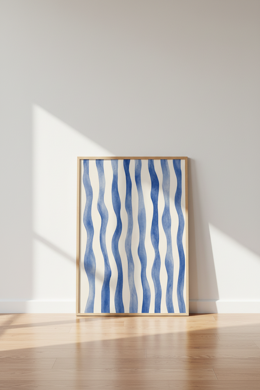 Abstract Blue Waves Wall Art | Indigo Watercolor Stripes, Coastal Bedroom Decor
