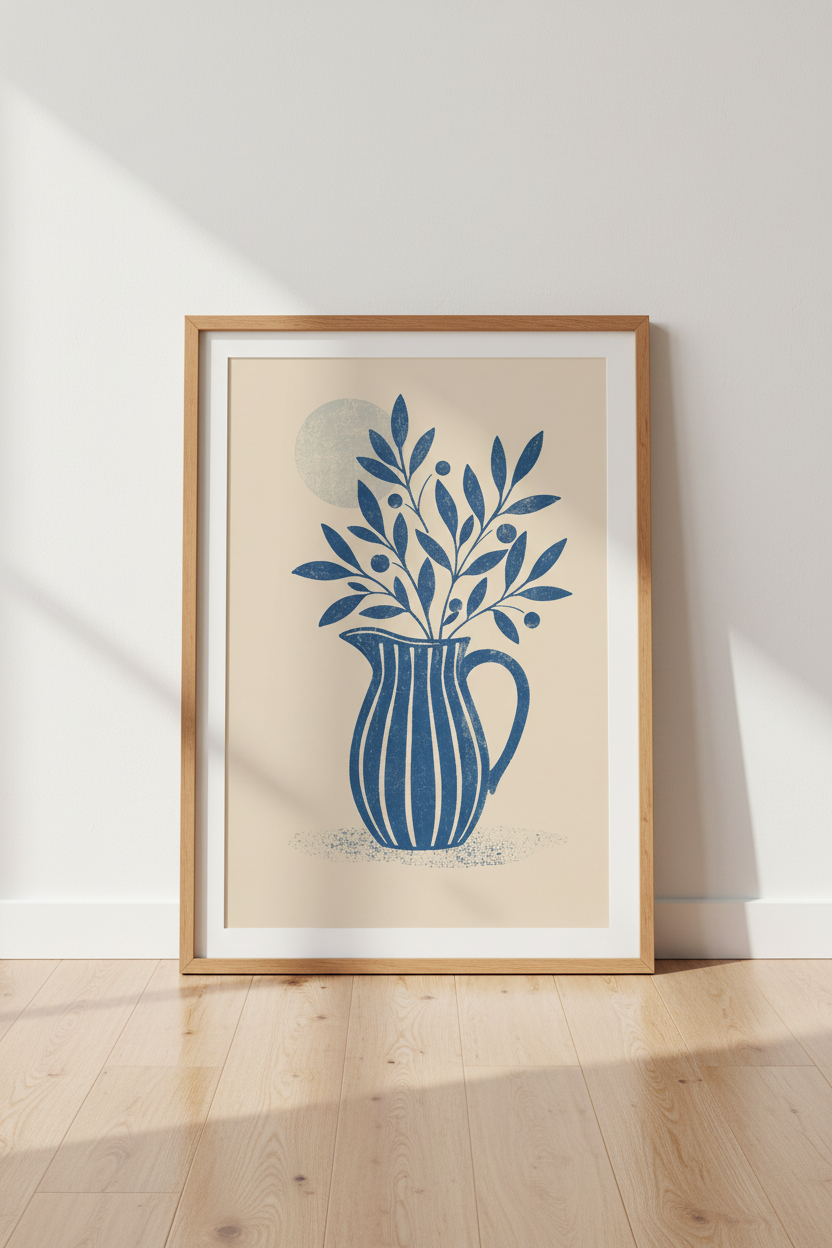 Blue Botanical Vase Wall Art | Minimalist Mediterranean Print | Boho Kitchen Decor Poster