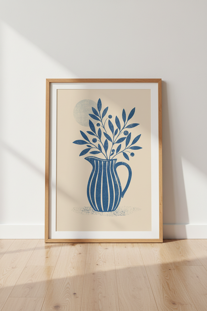 Blue Botanical Vase Wall Art | Minimalist Mediterranean Print | Boho Kitchen Decor Poster